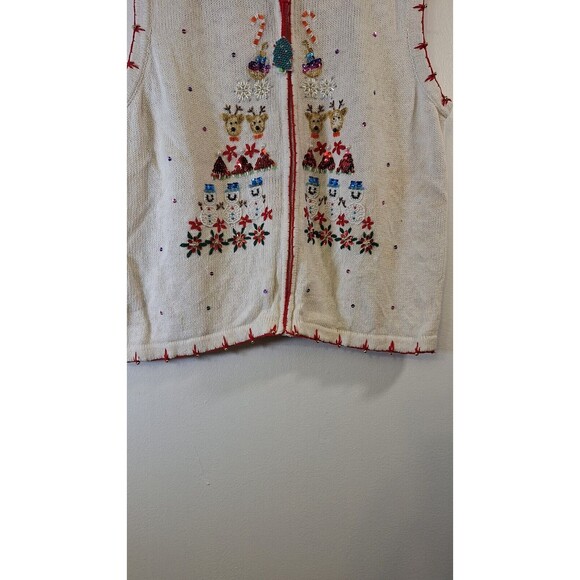 KIM ROGERS Full Zip Christmas Sweater Vest XL Embroidered Beaded Holiday Ugly - Picture 7 of 9